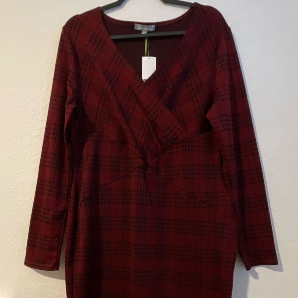 Good Luck Gem Plaid Knit Wrap Dress V-Neck Long Sleeve Burgundy Black XL